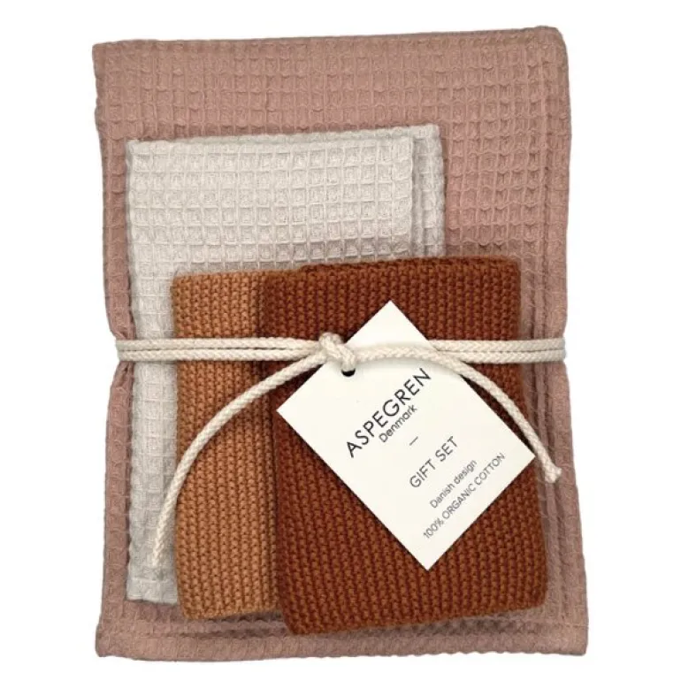 Gavesett med 1 kjøkkenhåndkle & 3 oppvaskkluter sea buckthorn