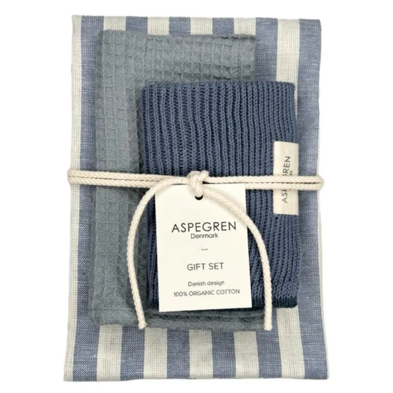 Gavesett med 1 kjøkkenhåndkle & 3 oppvaskkluter sea salt