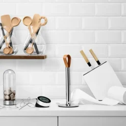 Kjøkkenrullholder rustfritt stål og lær