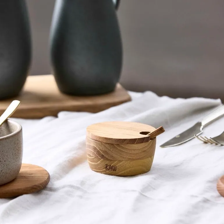 RAW Teak saltkar med lokk og skje 4 cm
