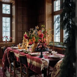 Rutete duk lin/bomull 150x350 cm rød/beige