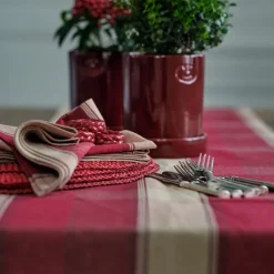 Rutete duk lin/bomull 150x350 cm rød/beige