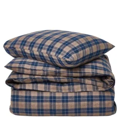 Rutete flanell sengetøy 140x200 cm denim blå/beige