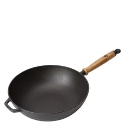 Signerat wokpanne støpejern 32 cm eiketre/svart