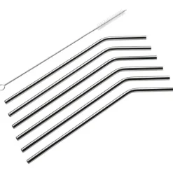 Stål sugerør med rensebørste buet 6 stk 22,5 cm