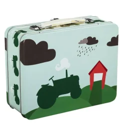Traktor og låve koffertboks 19x16 cm blå