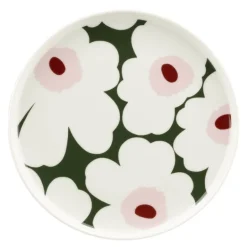 Unikko asjett 20 cm hvit/mørk grønn/rosa