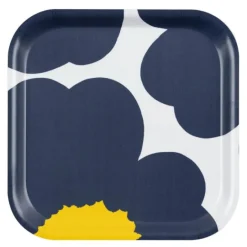Unikko serveringsbrett 20x20 cm hvit/mørkblå/gul